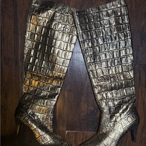 Jeffrey Campbell Metallic Gold Croc-Embossed Over-the-Knee Boots